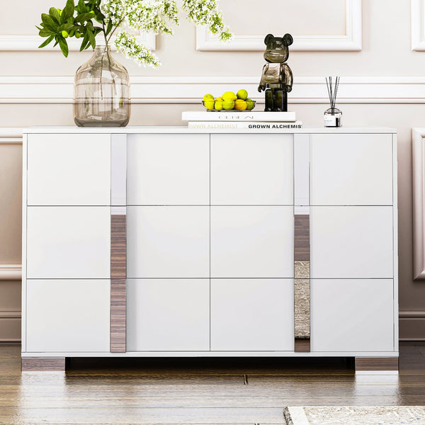 English Elm Elegant Mirrored Modern Dresser with 6 Drawers, White MDF & Metal Frame, Space-Saving Stylish Storage Solution WF319354AAK