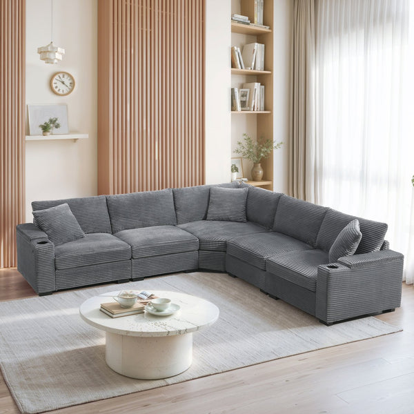 English Elm 104" Corduroy L-shaped Sectional with Usb Charging Armrest Storage and Cup Holders Gray N723S1187E