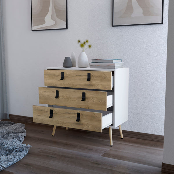 English Elm Kimball 3-Drawer Dresser White Macadamia – Midcentury Modern Storage, Smooth Glide Drawers, Wooden Legs B128P176105