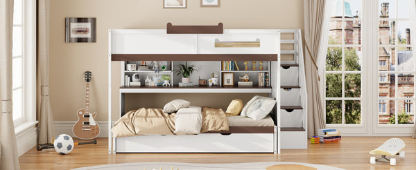 English Elm House-shaped Pine Bunk Bed with Built-in Slide Storage Staircase Twin Over Full Kids Frame White N820S00067K