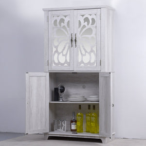 English Elm 67.4"h Mirrored Corner Cabinet Carved Butterfly Doors Adjustable Shelves Entryway Storage Light Gray W2899P374348