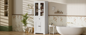 English Elm 67.2" Tall Bathroom Storage Cabinet with Tempered Glass Doors, Adjustable Shelves, Soft-Close Hinges and Anti-Tip Safety White N729P310006K
