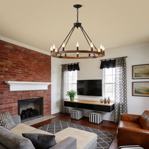 English Elm 31.5 Inch Wagon Wheel Chandelier Wood Matte Black 12-light Farmhouse Pendant Fixture W5008P464752