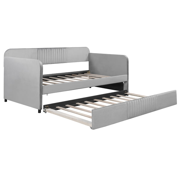 English Elm Upholstered Velvet Twin Daybed with Pull Out Trundle Sofa for Guest or Kids Room LP100127AAE