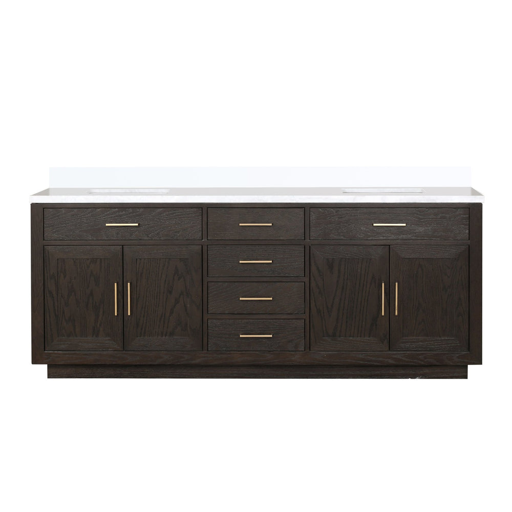 English Elm Brown Oak Double Bath Vanity – 84” W X 22” D, White Quartz Top, Soft-Close Drawers, Easy Install B2731P257849