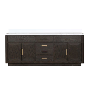 English Elm Brown Oak Double Bath Vanity – 84” W X 22” D, White Quartz Top, Soft-Close Drawers, Easy Install B2731P257849