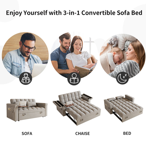 English Elm 65-inch Velvet Convertible Sleeper Sofa with Usb Port Storage Armrests Adjustable Back Light Gray W2564S00116