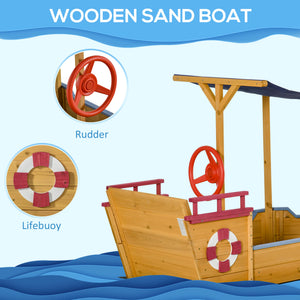 English Elm Outsunny Wooden Pirate Ship Sandbox with Canopy Storage Bench Outdoor Kids Play W2225P217334