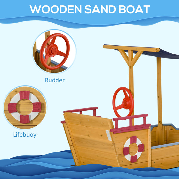 English Elm Outsunny Wooden Pirate Ship Sandbox with Canopy Storage Bench Outdoor Kids Play W2225P217334