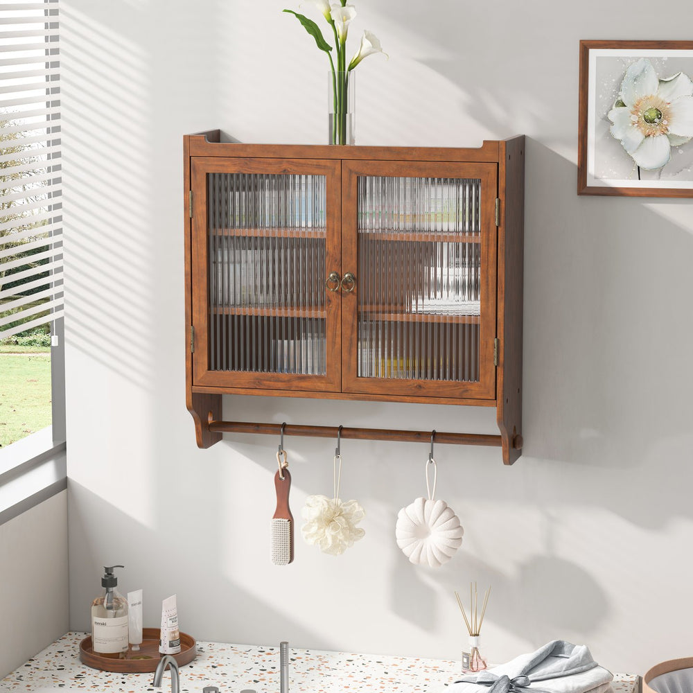 English Elm 24.8"Glass Vintage Double Door Wall Cabinet Brown with 3-Tier Solid Wood Shelves, Glass Panels & Towel Rack W757P170144