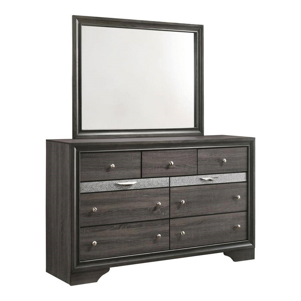 English Elm Gray Glam Dresser w Mirror Set — 63" Shiny Silver-Trim Jewelry Drawer, Dovetail Craft, Round Knobs B2741S00552