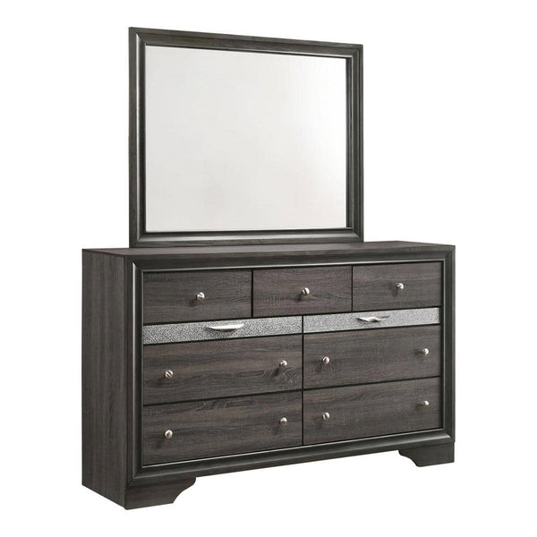 English Elm Gray Glam Dresser w Mirror Set — 63" Shiny Silver-Trim Jewelry Drawer, Dovetail Craft, Round Knobs B2741S00552