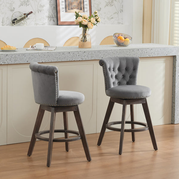 English Elm 26" Velvet Swivel Counter Stools Set of 2 with Tufted Back, Foam Cushion & Solid Wood Legs Gray W1143P362519