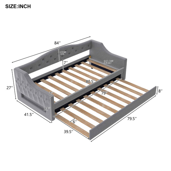 English Elm Upholstered Twin XL Daybed with Built-In LED Belt and Trundle, Linen Backrest, Modern Guest Bed Gray DL002050AAE