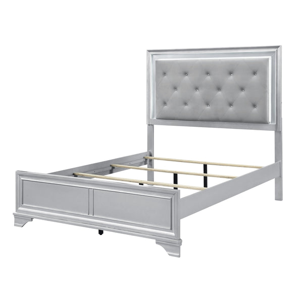 English Elm Silver Framed Queen Bed Tufted Knit Headboard with Built-in Led Ambient Lighting Glam B011S02470