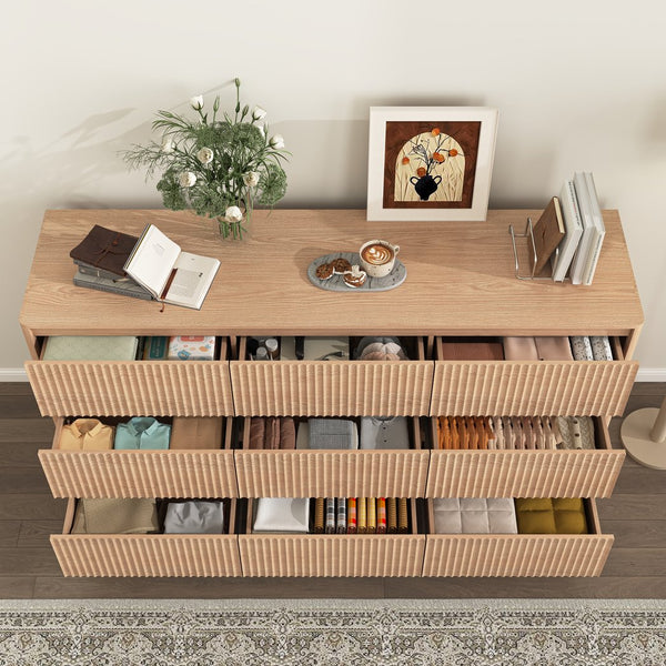 English Elm 9 Drawer Mid Century Wood Dresser Low Profile Matte Finish Bedroom Storage Cabinet Natural W409S00012