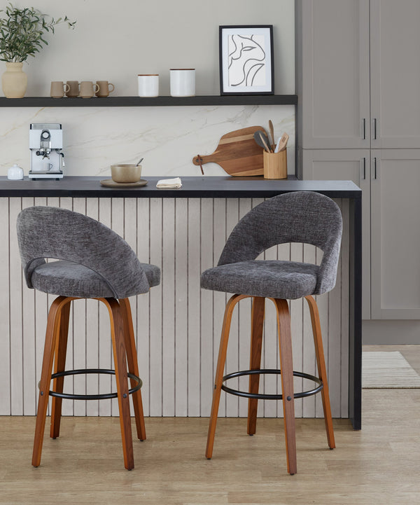English Elm Fixed-height Mid-century Barstools with Walnut Legs and Grey Upholstered Seats Set B202S01932