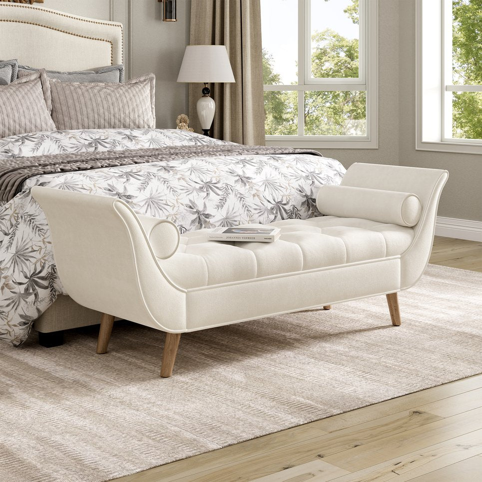 English Elm Upholstered Velvet Tufted Bench with Bolster Pillows Solid Oak Legs Bedroom Entryway N761P304407W