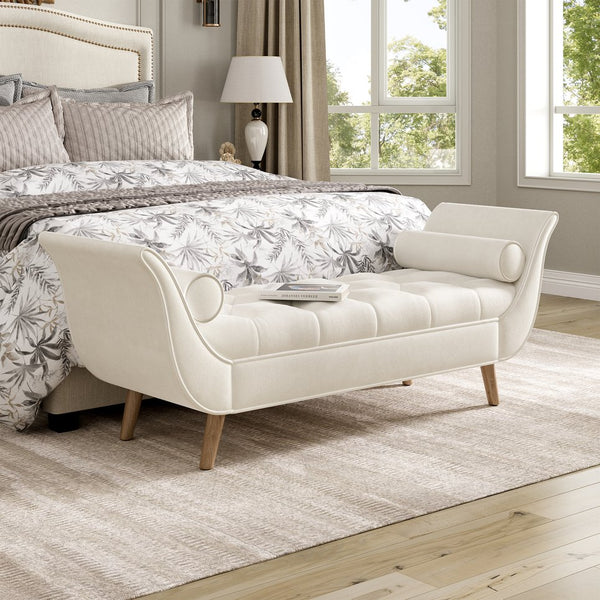English Elm Upholstered Velvet Tufted Bench with Bolster Pillows Solid Oak Legs Bedroom Entryway N761P304407W