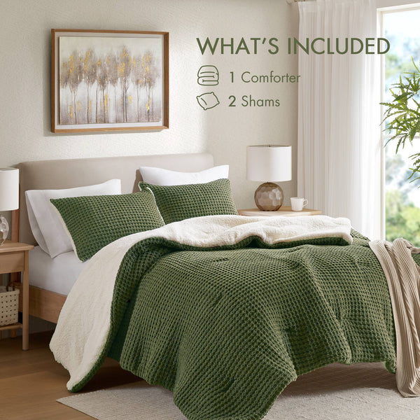 English Elm 2 Pieces Twin Waffle Knit Chenille Comforter Set with Plush Sherpa Reversible Cozy Bedding Ensemble Olive 20.47 L x 11.42 W x 9.84 H B035P381296