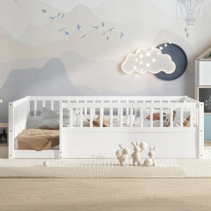 English Elm Twin Montessori Floor Bed Frame for Kids – Pine Playroom Bed with Fence for Reading & Imaginative Play White W1580P307878