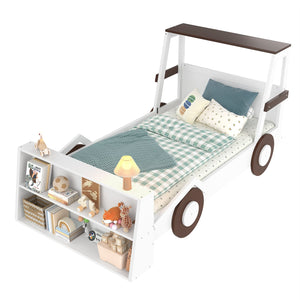 English Elm Twin Pine Treehouse Floor Bed with Padded Rails and Cabin Roofline for Kids Brown,Light White W1580S00471