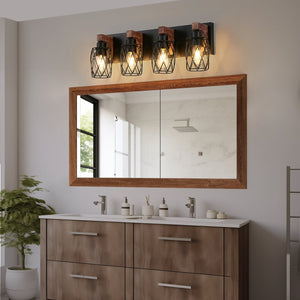 English Elm 24" Industrial Vintage 4-Light Wall Sconce with Black Iron Cage and Walnut Wood Accents for Bathroom W2312P374838