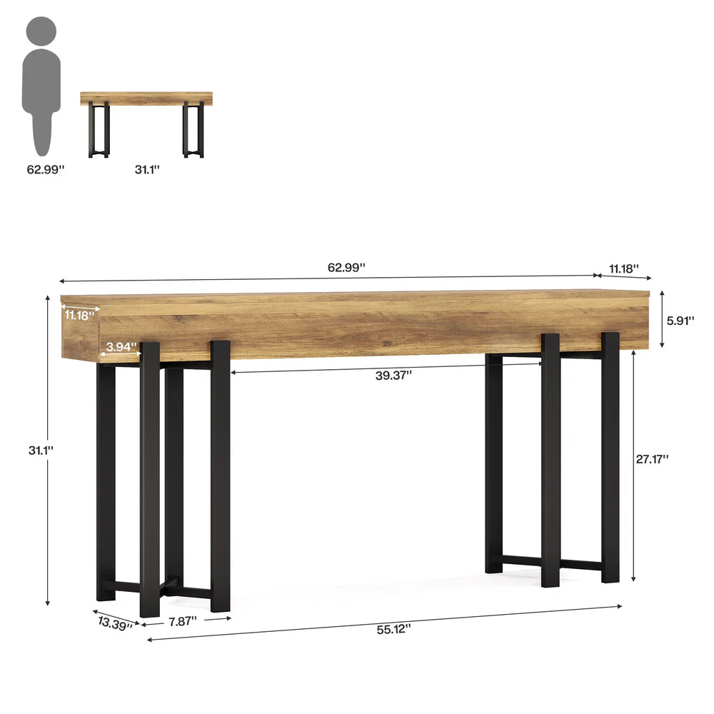English Elm Practical Geometric Console Table with Matte Black Wood Grain Finish for Entryway or Sofa T3971P457333