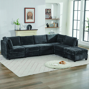 English Elm Corduroy Plush U-Shaped Sectional Sofa with Storage Ottoman, Pet-Friendly Durable Modular Comfort Grey W2915S00064