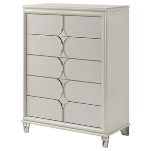 English Elm Gwendolyn Pearl White 5-Drawer Chest of Drawers — Retro Art Deco Diamond Trim, Acrylic Legs & Chrome Accents B062P375503