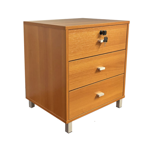 English Elm Three Drawer Nightstand Locking Top Drawer with Metal Glides, Aluminum Bar Handles, Light Cherry Finish Organizing Accent Piece B107P246018