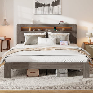 English Elm Bed King Platform Wood Frame Led Headboard Usb Charging Ports Under Storage Dark Grey W636P288910