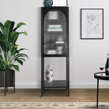 English Elm Stylish Tempered Glass High Cabinet With Arched Door Adjustable Shelves and Feet Anti-Tip Dust-Free Fluted Glass Kitchen Credenza Black