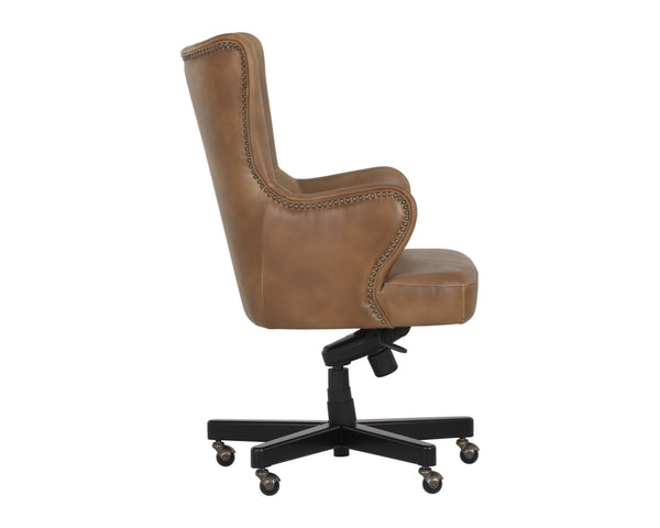 Sunpan Hubert Regal Office Chair - Wingback Design in Tobacco Tan Faux Leather with Black Birch Base
