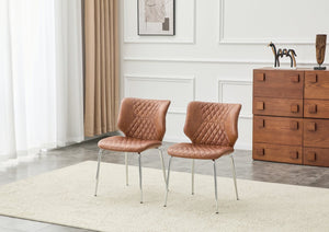 English Elm Dark Oil Waxed Faux Leather Dining Chair Set with Diamond Tufted High Back Metal Legs Brown W3493P444865