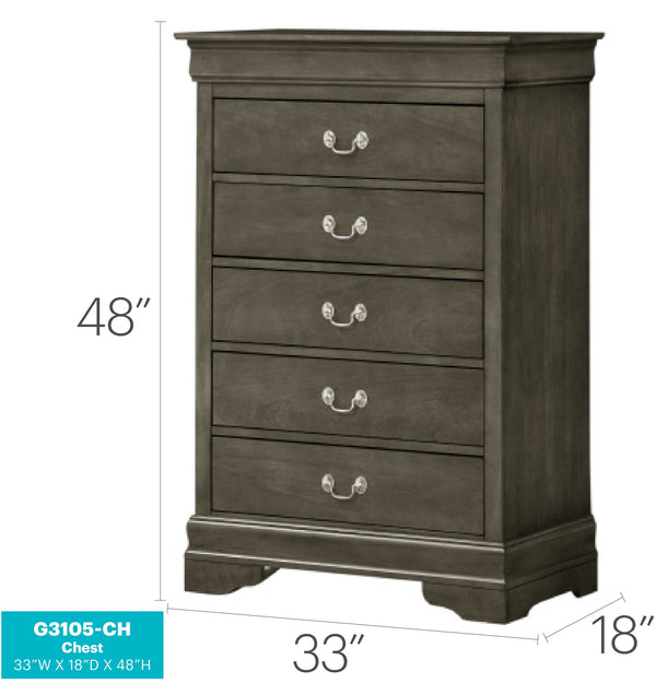 English Elm Louis Elegant 4-Drawer Chest with Carved Bases & English Dovetail Drawers, Tarnish-Resistant Hardware Gray 21 L x 36 W x 52 H B078108181