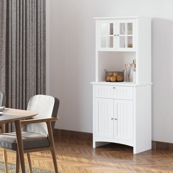 English Elm HOMCOM Farmhouse Kitchen Hutch Buffet Cabinet with Framed Glass Doors, Adjustable Shelves & Microwave Space W2225P217121