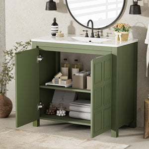 English Elm 36" Bathroom Vanity Organizer with Ceramic Sink, Solid Wood Distressed Finish, Hand-Painted Charm and Ample Storage Olive Green N729P255666F