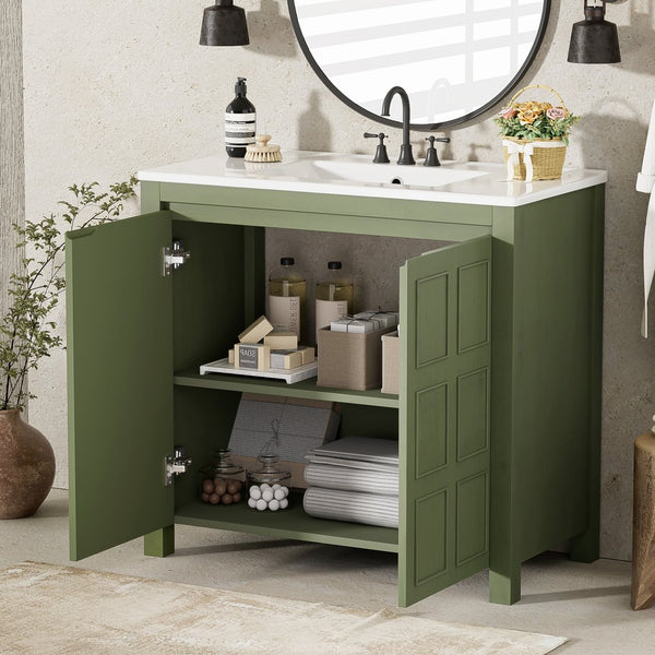 English Elm 36" Bathroom Vanity Organizer with Ceramic Sink, Solid Wood Distressed Finish, Hand-Painted Charm and Ample Storage Olive Green N729P255666F