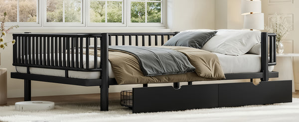 English Elm Queen Storage Platform Bed Low Profile Metal Frame with Built-in Drawers for Small Spaces Black W5305P471352