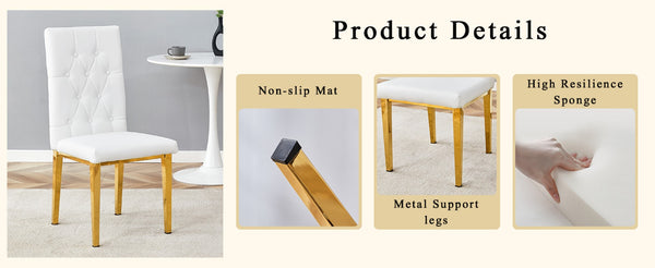 English Elm Table Modern 5-Piece Set: Round Clear Tempered Glass Table With Gold Legs & 4 White Pu Chairs W1151S03833-GIGA