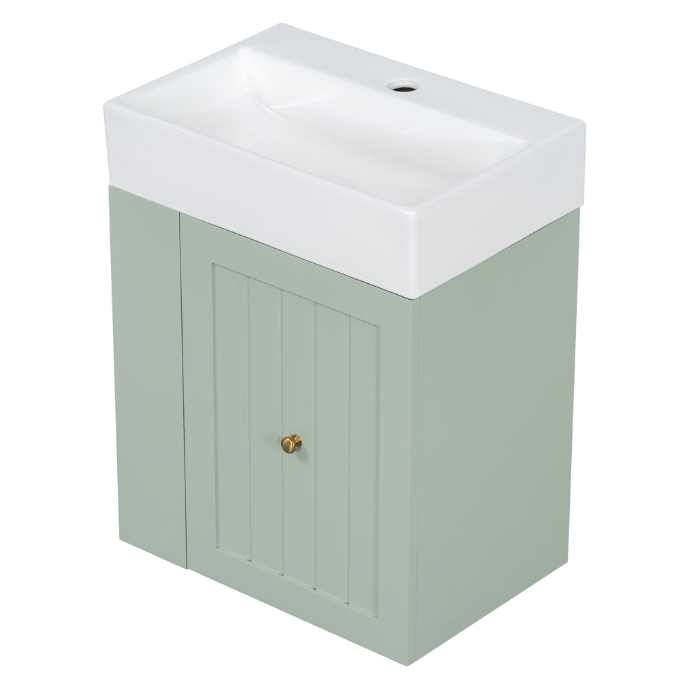 English Elm 20-Inch Compact Bathroom Vanity with Ceramic Sink, Wall-Mounted MDF Cabinet, Modern Space-Saver Design Green N725P314023F