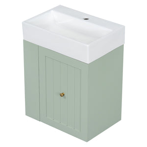 English Elm 20-Inch Compact Bathroom Vanity with Ceramic Sink, Wall-Mounted MDF Cabinet, Modern Space-Saver Design Green N725P314023F