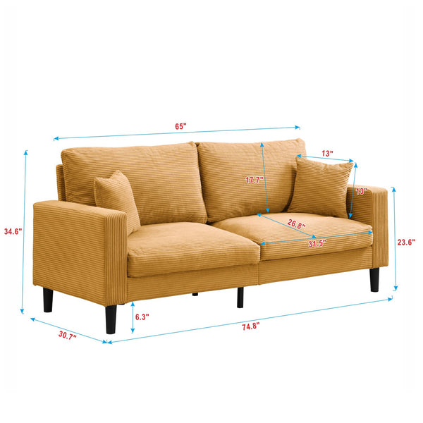 English Elm 74" High Resilience three seater Sofa with Corduroy Upholstery, Plush High-Density Cushion, Sturdy Wooden Frame, Stylish Apartment Seating Orange 35.83 L x 31.9 W x 12.6 H W2297P264469
