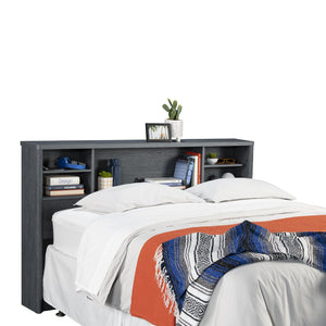 English Elm Full/Queen Denim+Brown Bookcase Headboard with Adjustable Shelves, Spacious Top Shelf, Easy Assembly B356P354479