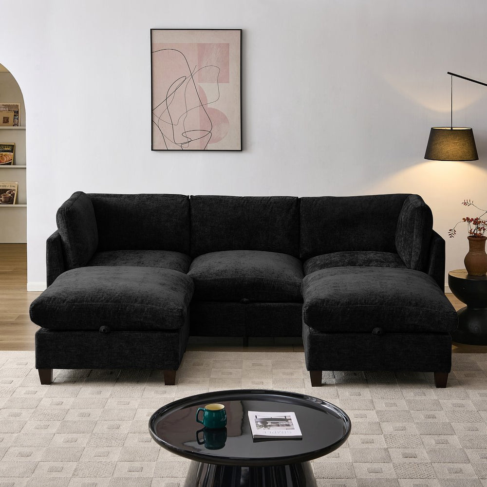 English Elm 96.5" L-shaped Chenille Sectional with Storage Ottoman Eucalyptus Frame Living Room Black W1097S00285