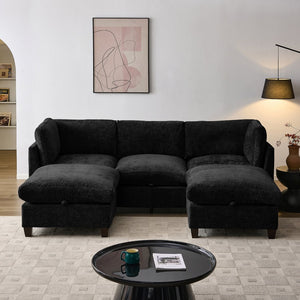 English Elm 96.5" L-shaped Chenille Sectional with Storage Ottoman Eucalyptus Frame Living Room Black W1097S00285