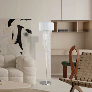 English Elm 65.75"H Sheer White Drum Shade Floor Lamp with Cascade Crystal Raindrops, Chrome Metal Elegance for Living Room Silver+White B072P220160