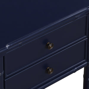 English Elm Emmett carved bamboo nightstand with 2 full‑extension drawers, brass knobs and floor‑protecting glides Dark Blue B050P376941