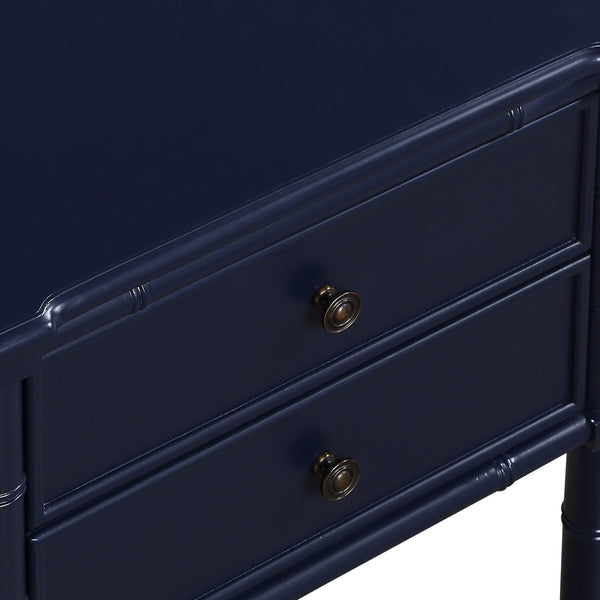 English Elm Emmett carved bamboo nightstand with 2 full‑extension drawers, brass knobs and floor‑protecting glides Dark Blue B050P376941